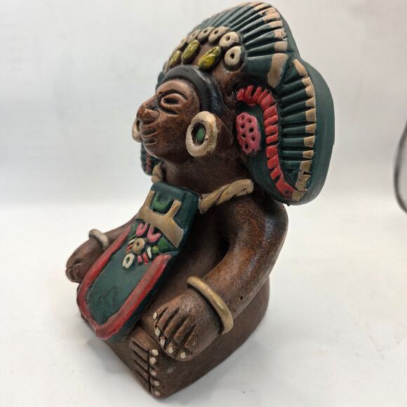 Vintage Mexican Hand Painted Clay Aztec Style Figure Statue 6.5" Folk Art - Picture 8 of 16